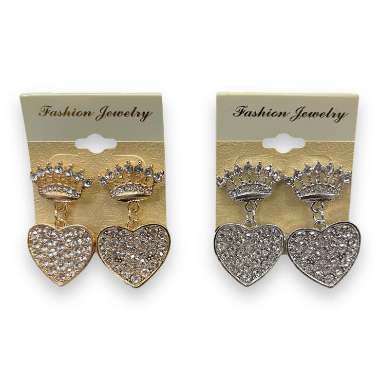 12 pcs Heart Shaped Rhinestone earrings with crown shape Gold & Silver tone